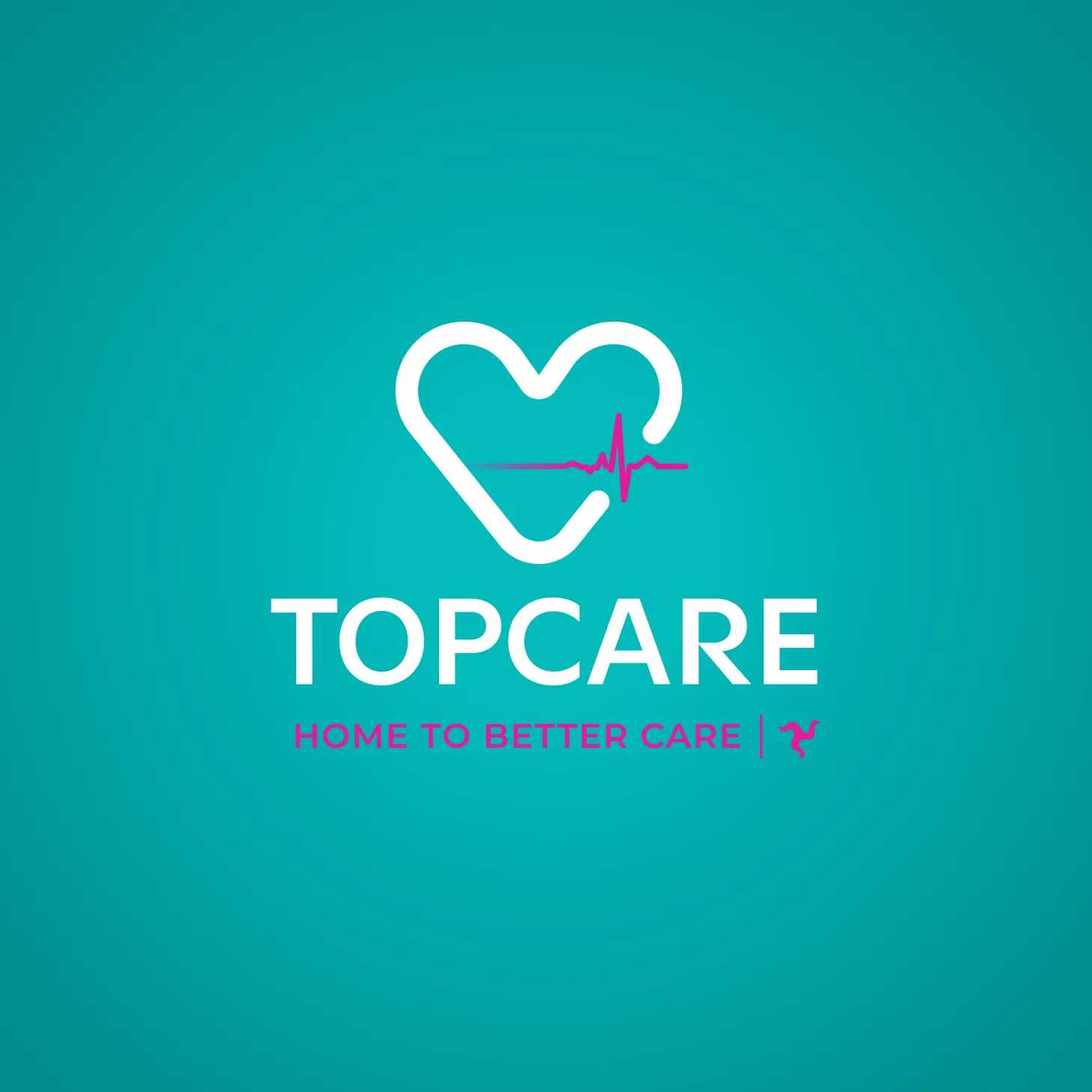 Topcare healthcare logo featuring white heart with ECG pulse line and tagline "Home to Better Care" on a teal green background